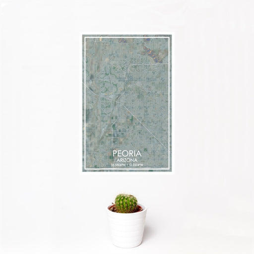 12x18 Peoria Arizona Map Print Portrait Orientation in Afternoon Style With Small Cactus Plant in White Planter