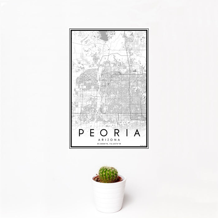 12x18 Peoria Arizona Map Print Portrait Orientation in Classic Style With Small Cactus Plant in White Planter