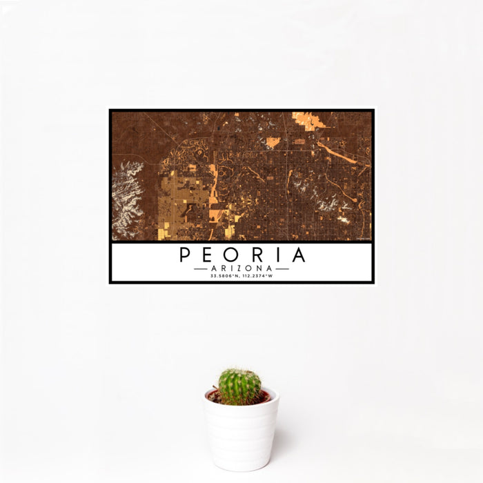 12x18 Peoria Arizona Map Print Landscape Orientation in Ember Style With Small Cactus Plant in White Planter