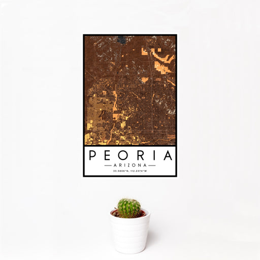 12x18 Peoria Arizona Map Print Portrait Orientation in Ember Style With Small Cactus Plant in White Planter