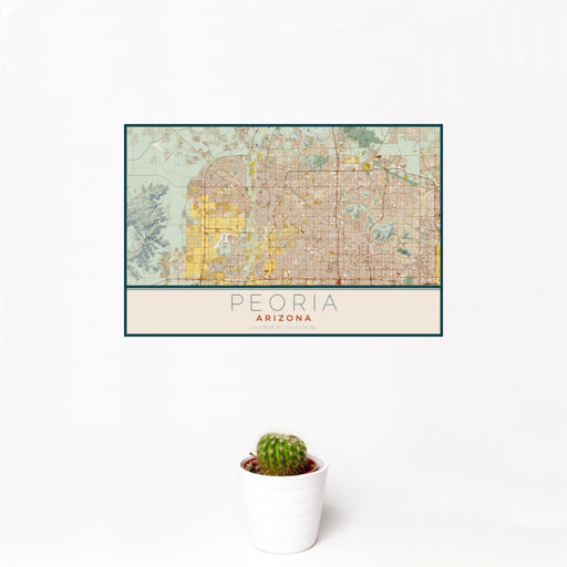 12x18 Peoria Arizona Map Print Landscape Orientation in Woodblock Style With Small Cactus Plant in White Planter