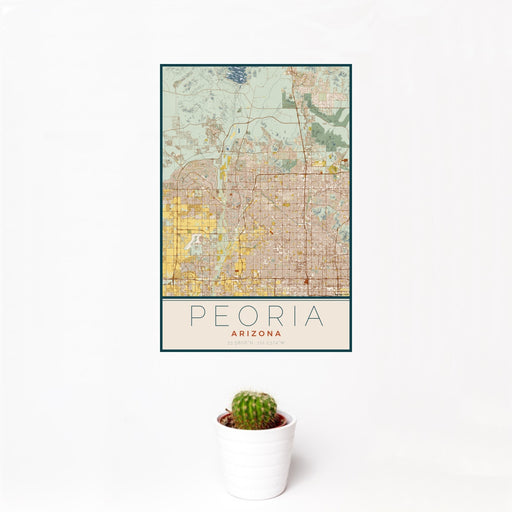 12x18 Peoria Arizona Map Print Portrait Orientation in Woodblock Style With Small Cactus Plant in White Planter