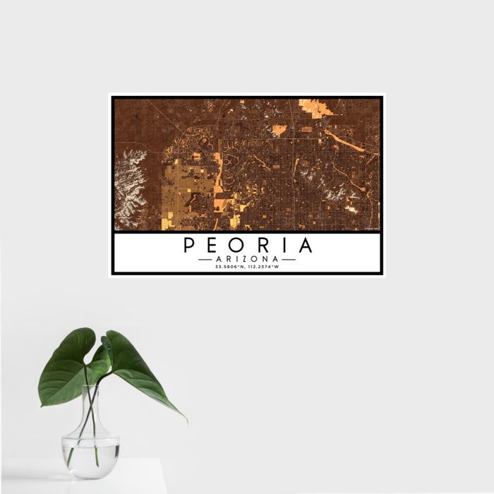 16x24 Peoria Arizona Map Print Landscape Orientation in Ember Style With Tropical Plant Leaves in Water