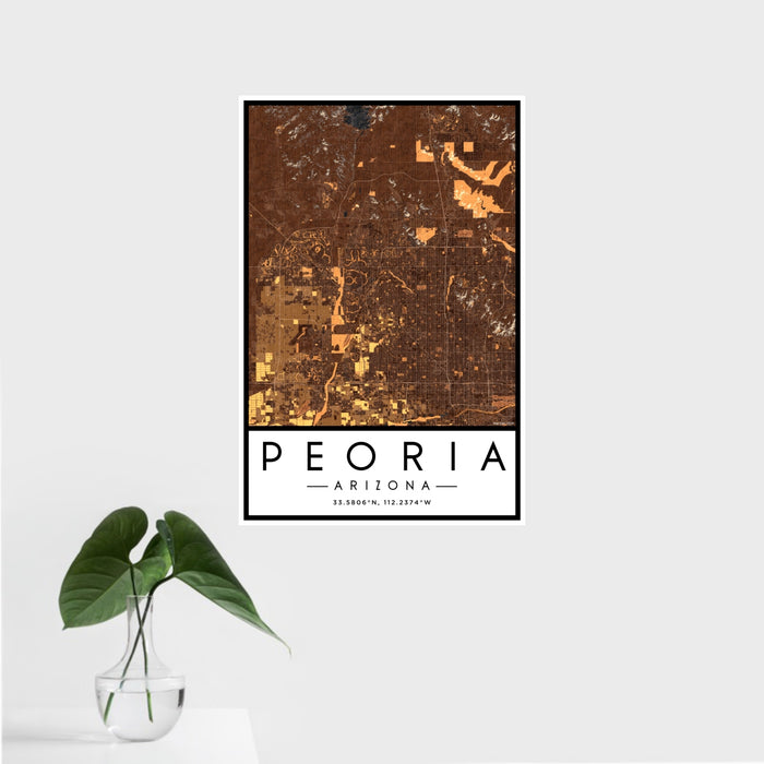 16x24 Peoria Arizona Map Print Portrait Orientation in Ember Style With Tropical Plant Leaves in Water