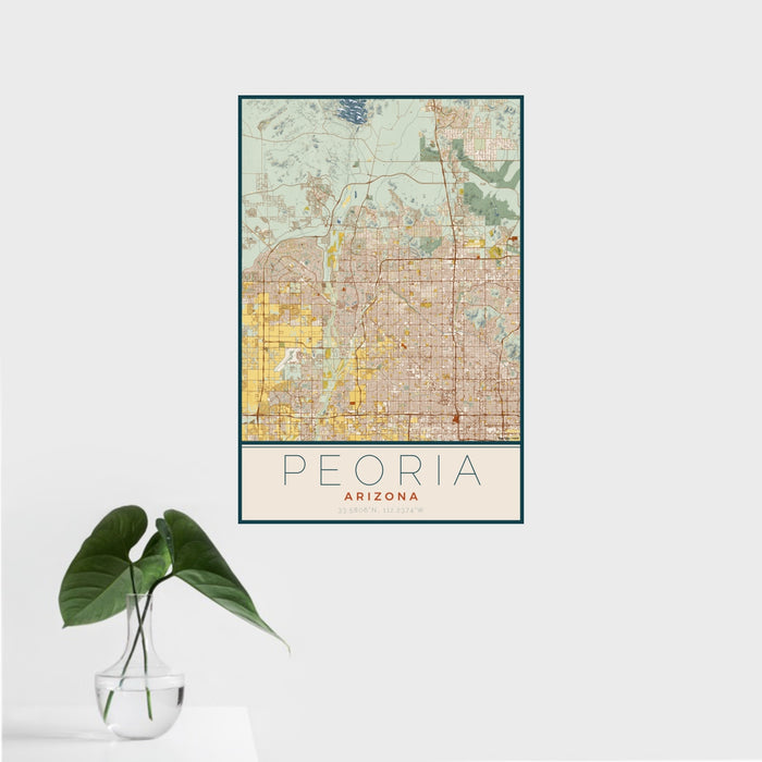 16x24 Peoria Arizona Map Print Portrait Orientation in Woodblock Style With Tropical Plant Leaves in Water