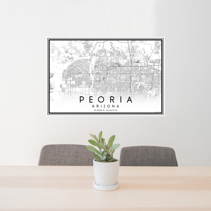 24x36 Peoria Arizona Map Print Lanscape Orientation in Classic Style Behind 2 Chairs Table and Potted Plant