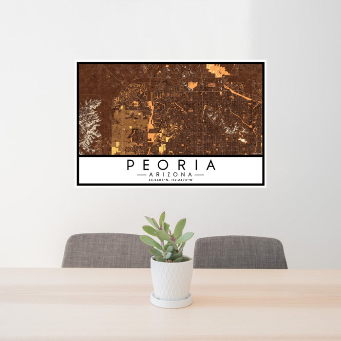 24x36 Peoria Arizona Map Print Lanscape Orientation in Ember Style Behind 2 Chairs Table and Potted Plant