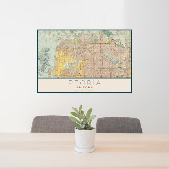 24x36 Peoria Arizona Map Print Lanscape Orientation in Woodblock Style Behind 2 Chairs Table and Potted Plant