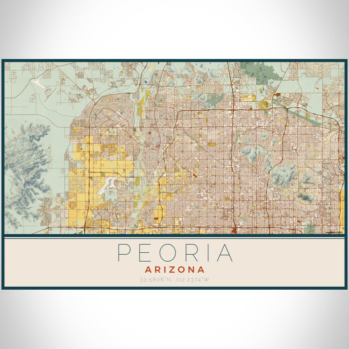 Peoria Arizona Map Print Landscape Orientation in Woodblock Style With Shaded Background