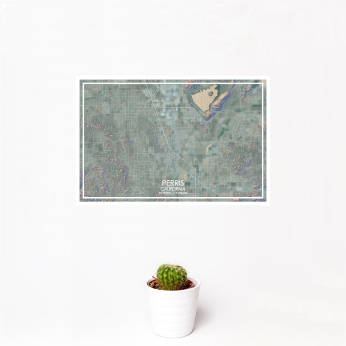 12x18 Perris California Map Print Landscape Orientation in Afternoon Style With Small Cactus Plant in White Planter