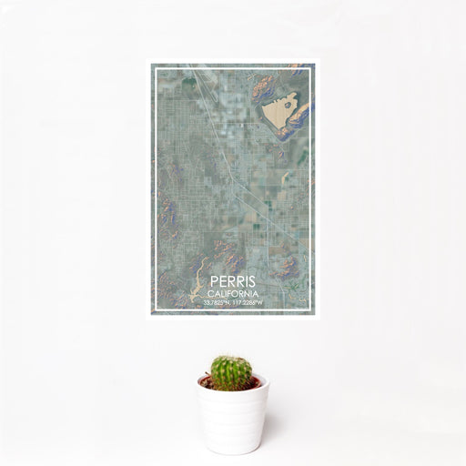 12x18 Perris California Map Print Portrait Orientation in Afternoon Style With Small Cactus Plant in White Planter