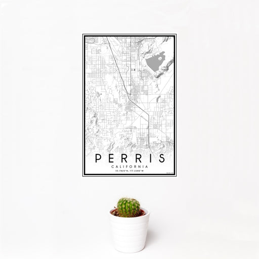 12x18 Perris California Map Print Portrait Orientation in Classic Style With Small Cactus Plant in White Planter