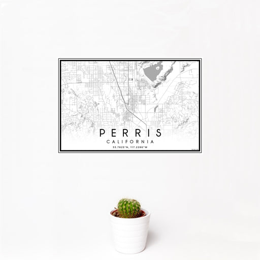 12x18 Perris California Map Print Landscape Orientation in Classic Style With Small Cactus Plant in White Planter