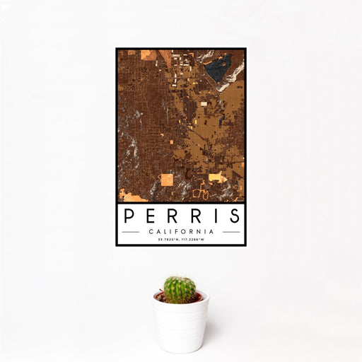 12x18 Perris California Map Print Portrait Orientation in Ember Style With Small Cactus Plant in White Planter