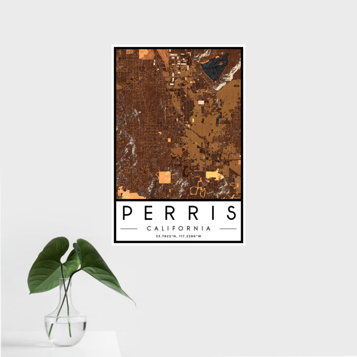 16x24 Perris California Map Print Portrait Orientation in Ember Style With Tropical Plant Leaves in Water