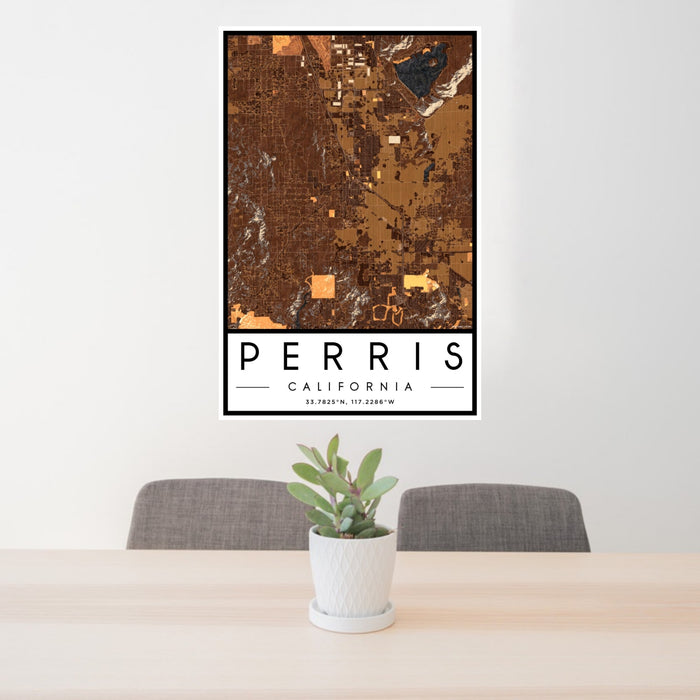 24x36 Perris California Map Print Portrait Orientation in Ember Style Behind 2 Chairs Table and Potted Plant