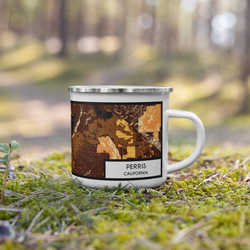 Right View Custom Perris California Map Enamel Mug in Ember on Grass With Trees in Background
