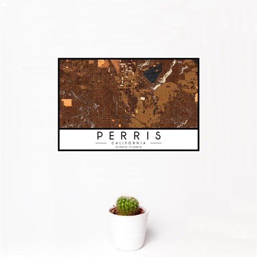 12x18 Perris California Map Print Landscape Orientation in Ember Style With Small Cactus Plant in White Planter