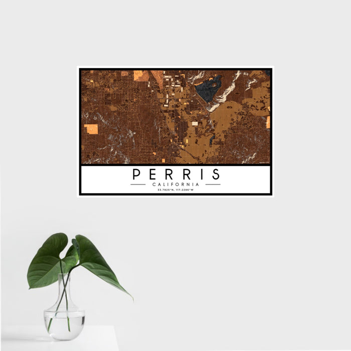 16x24 Perris California Map Print Landscape Orientation in Ember Style With Tropical Plant Leaves in Water