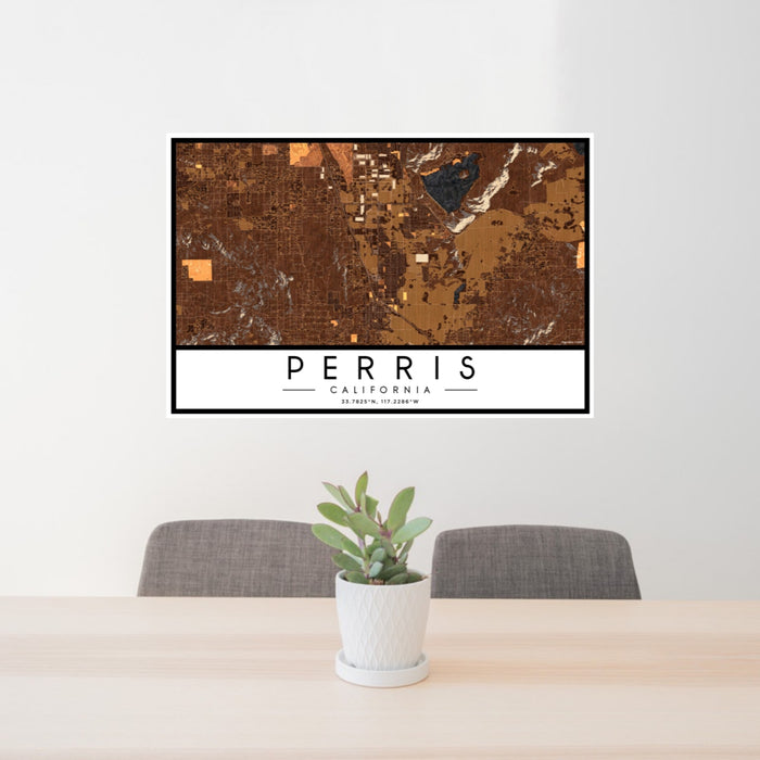 24x36 Perris California Map Print Landscape Orientation in Ember Style Behind 2 Chairs Table and Potted Plant