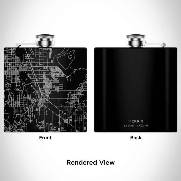 Rendered View of Perris California Map Engraving on 6oz Stainless Steel Flask in Black
