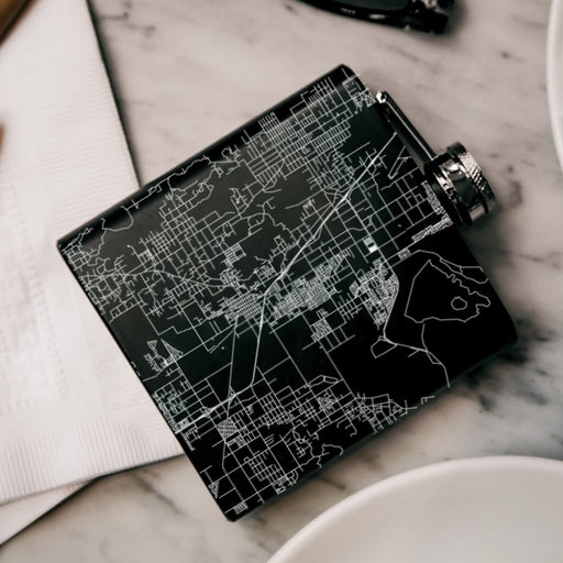 Perris California Custom Engraved City Map Inscription Coordinates on 6oz Stainless Steel Flask in Black