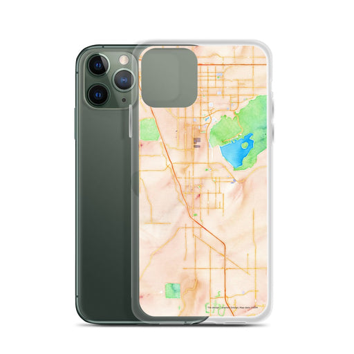 Custom Perris California Map Phone Case in Watercolor on Table with Laptop and Plant