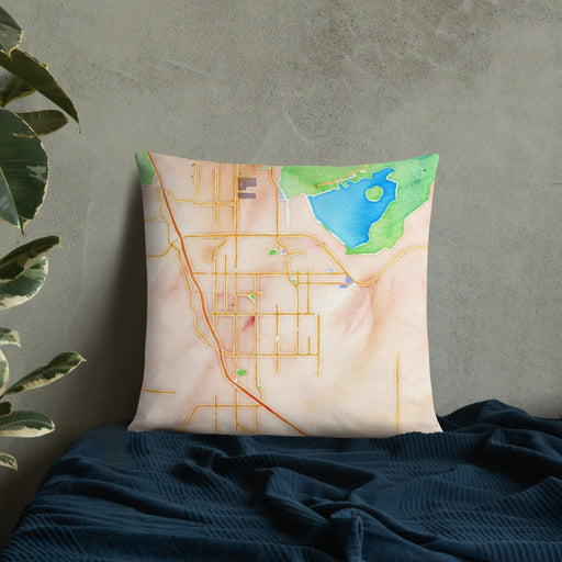 Custom Perris California Map Throw Pillow in Watercolor on Bedding Against Wall