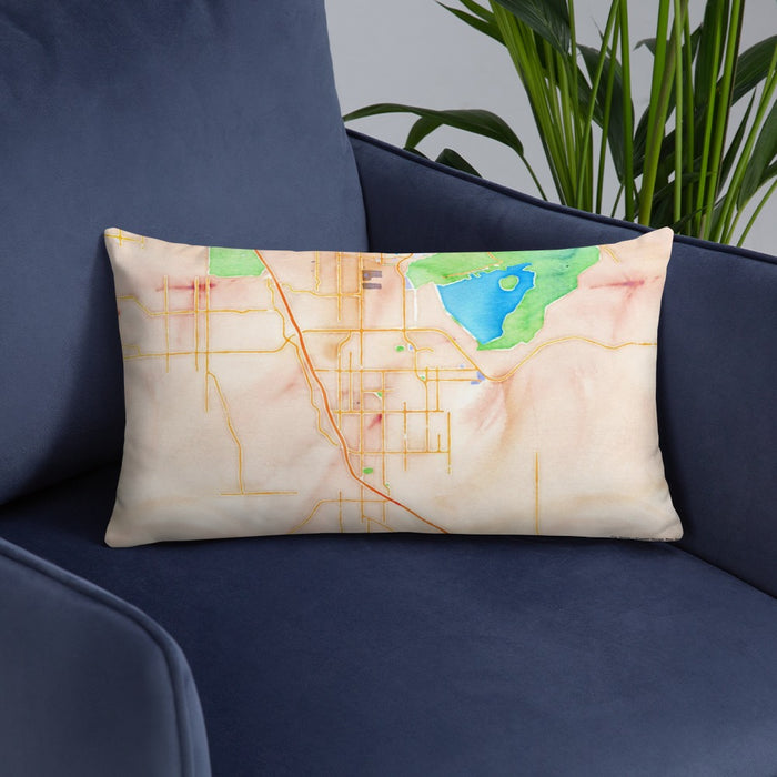 Custom Perris California Map Throw Pillow in Watercolor on Blue Colored Chair