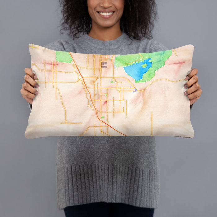 Person holding 20x12 Custom Perris California Map Throw Pillow in Watercolor