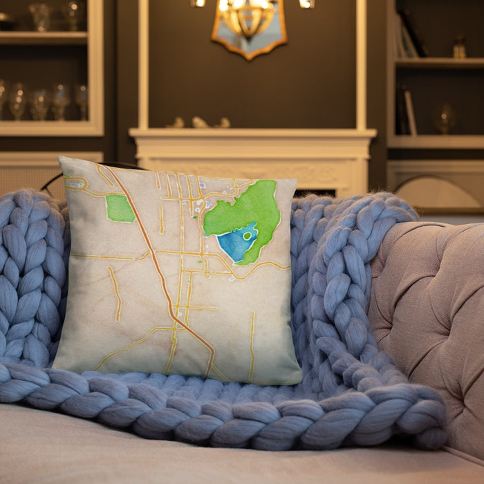 Custom Perris California Map Throw Pillow in Watercolor on Cream Colored Couch