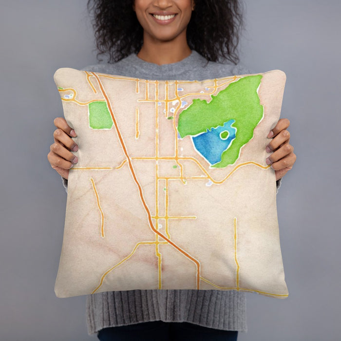 Person holding 18x18 Custom Perris California Map Throw Pillow in Watercolor