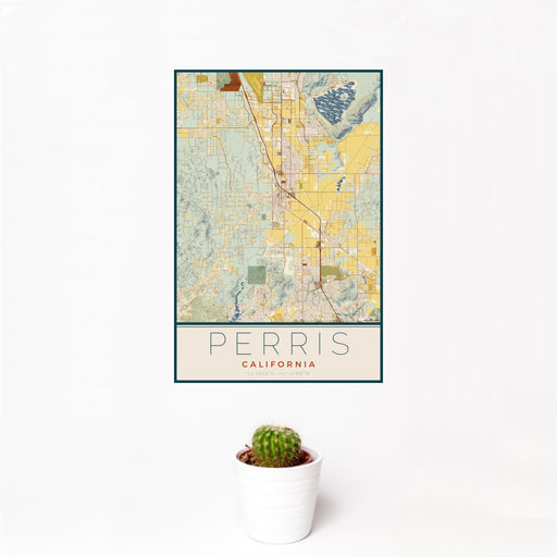12x18 Perris California Map Print Portrait Orientation in Woodblock Style With Small Cactus Plant in White Planter