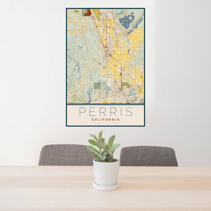 24x36 Perris California Map Print Portrait Orientation in Woodblock Style Behind 2 Chairs Table and Potted Plant