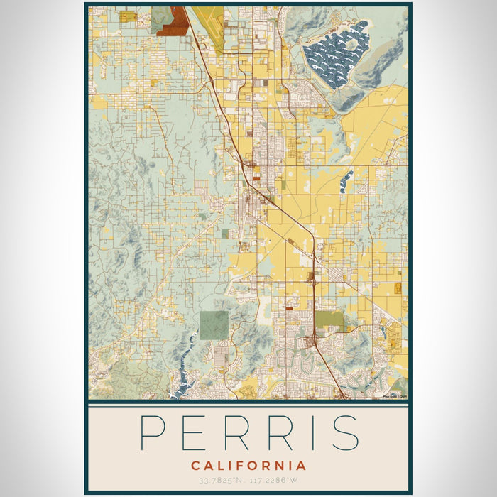 Perris California Map Print Portrait Orientation in Woodblock Style With Shaded Background