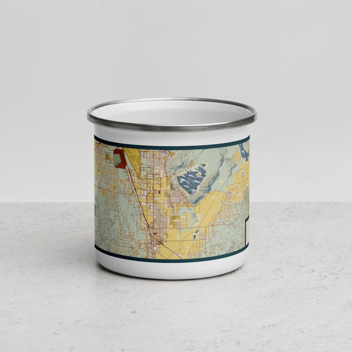 Front View Custom Perris California Map Enamel Mug in Woodblock