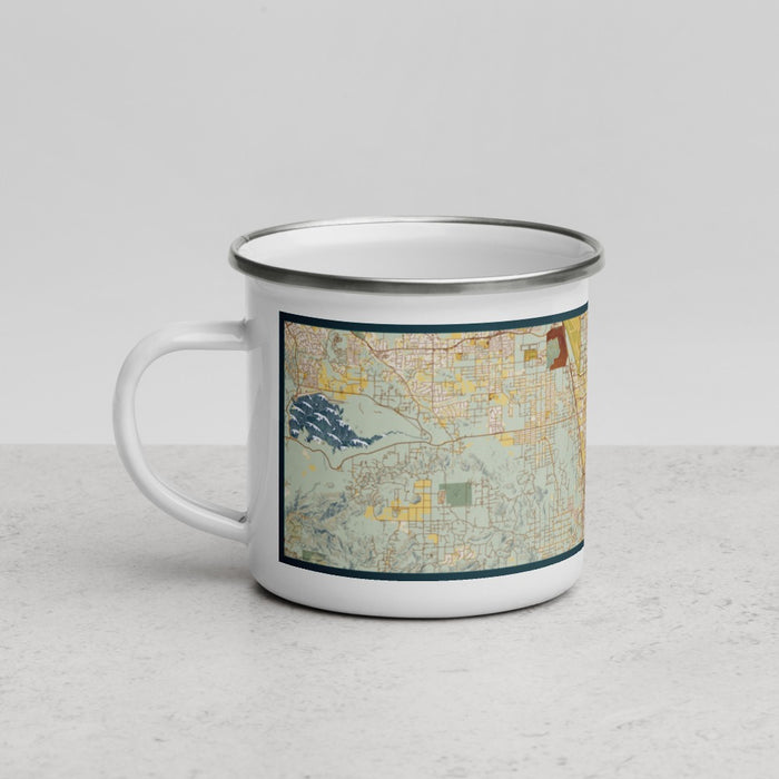 Left View Custom Perris California Map Enamel Mug in Woodblock