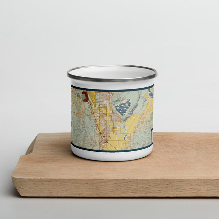 Front View Custom Perris California Map Enamel Mug in Woodblock on Cutting Board