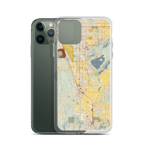Custom Perris California Map Phone Case in Woodblock on Table with Laptop and Plant