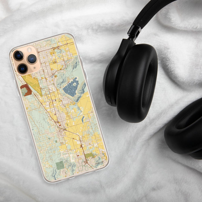 Custom Perris California Map Phone Case in Woodblock on Table with Black Headphones
