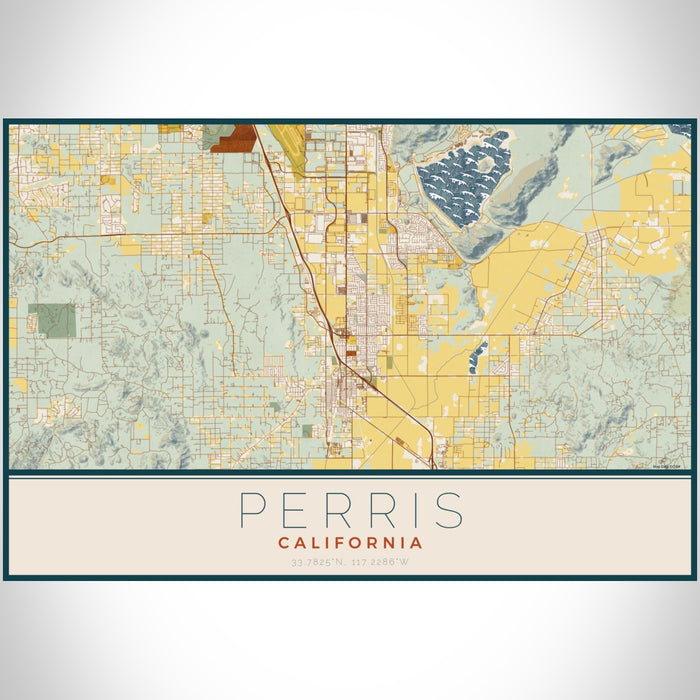 Perris California Map Print Landscape Orientation in Woodblock Style With Shaded Background