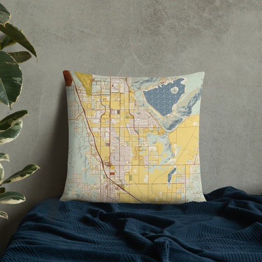 Custom Perris California Map Throw Pillow in Woodblock on Bedding Against Wall