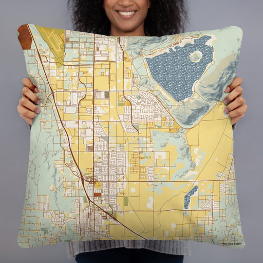 Person holding 22x22 Custom Perris California Map Throw Pillow in Woodblock
