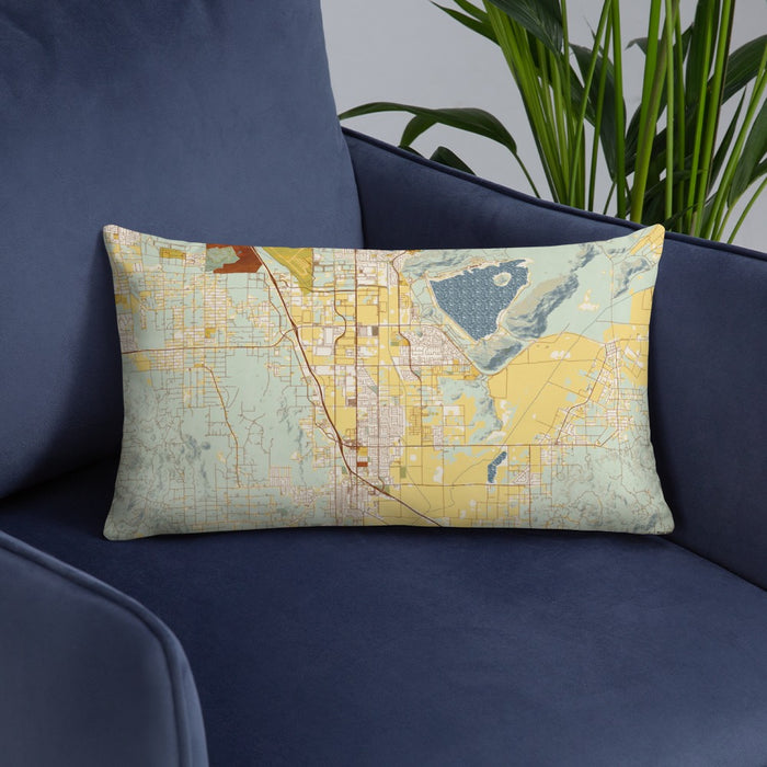 Custom Perris California Map Throw Pillow in Woodblock on Blue Colored Chair
