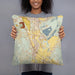 Person holding 18x18 Custom Perris California Map Throw Pillow in Woodblock