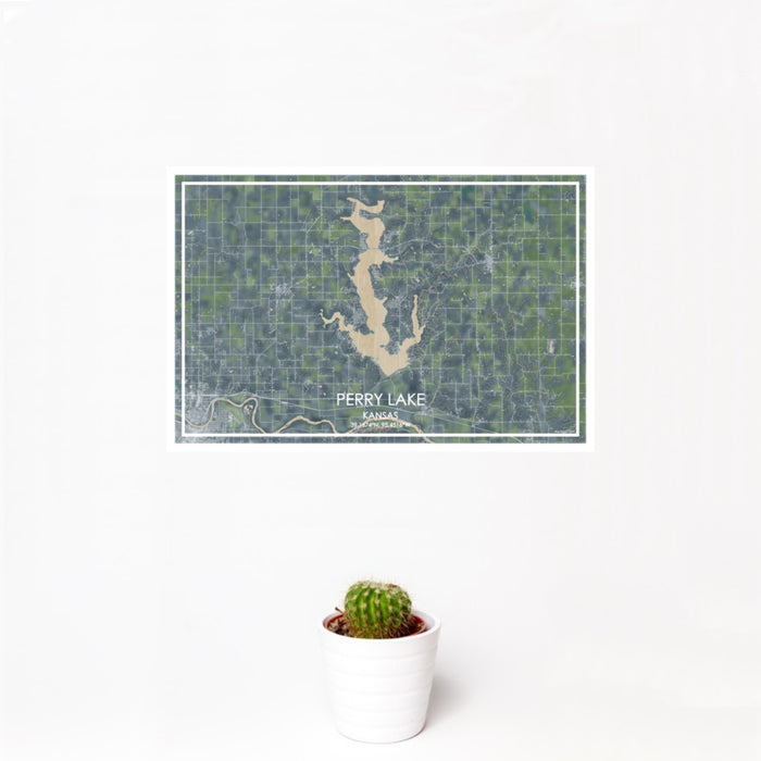12x18 Perry Lake Kansas Map Print Landscape Orientation in Afternoon Style With Small Cactus Plant in White Planter