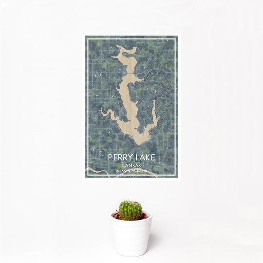 12x18 Perry Lake Kansas Map Print Portrait Orientation in Afternoon Style With Small Cactus Plant in White Planter
