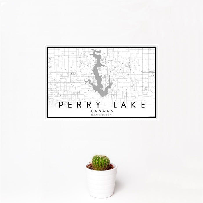 12x18 Perry Lake Kansas Map Print Landscape Orientation in Classic Style With Small Cactus Plant in White Planter