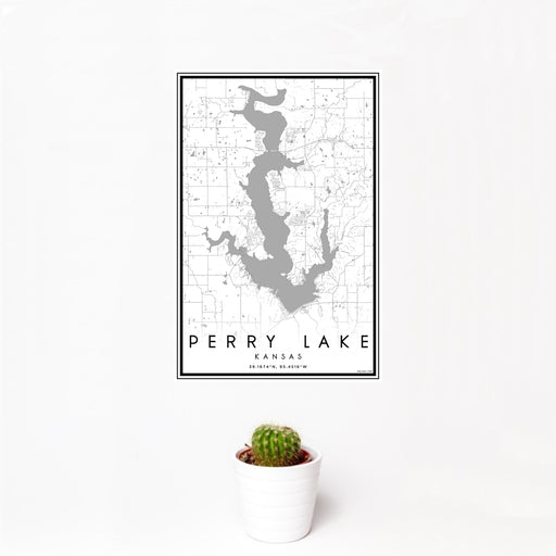 12x18 Perry Lake Kansas Map Print Portrait Orientation in Classic Style With Small Cactus Plant in White Planter