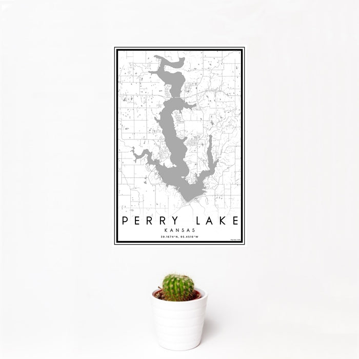 12x18 Perry Lake Kansas Map Print Portrait Orientation in Classic Style With Small Cactus Plant in White Planter